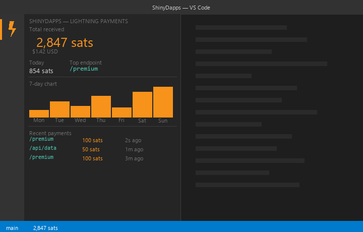ShinyDapps extension in action — live sats counter, payment sidebar, bar chart